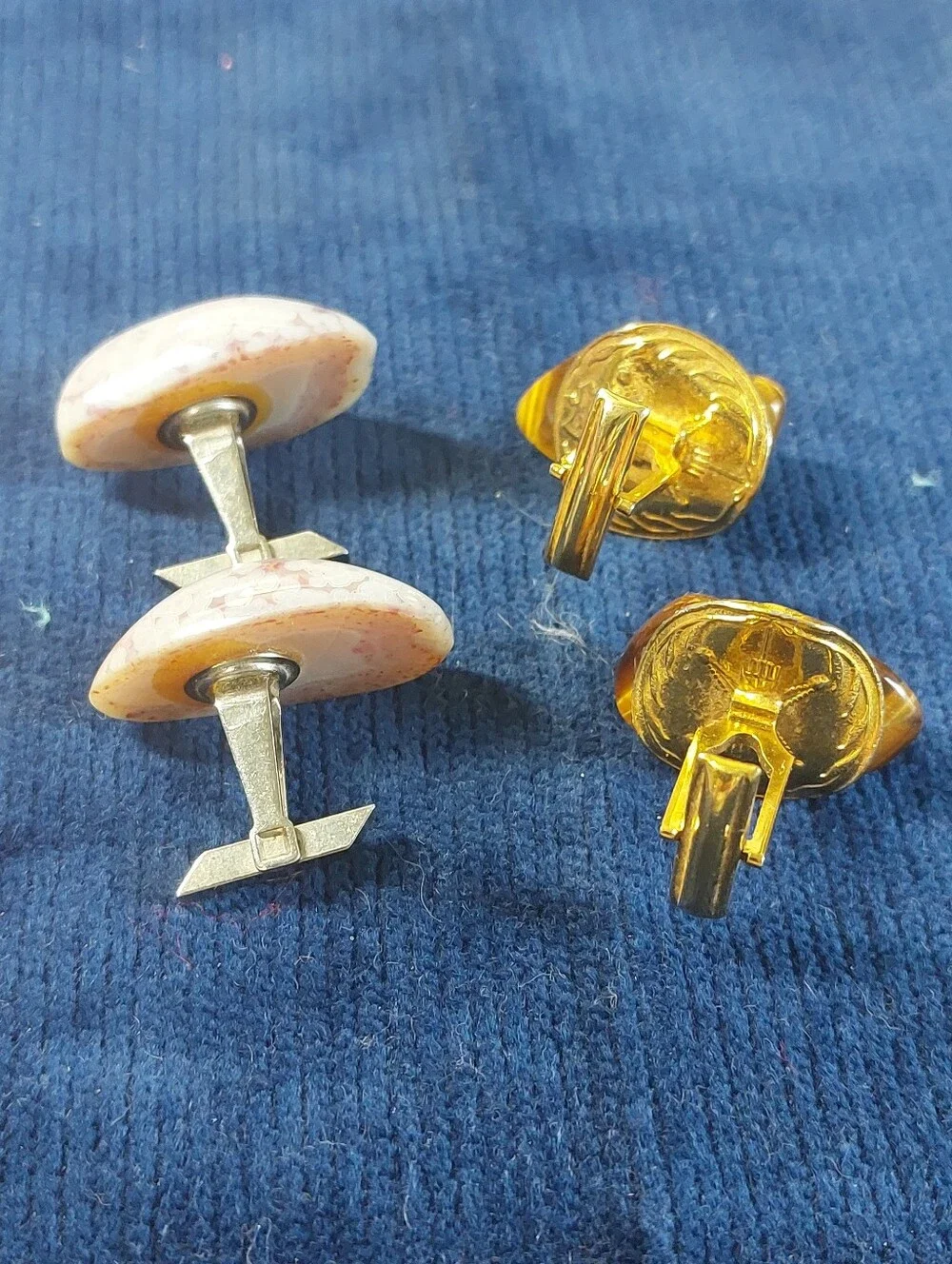 Vintage Estate Toggle Back Cufflinks, Tiger's Eye & Ocean Jasper, Two Pairs